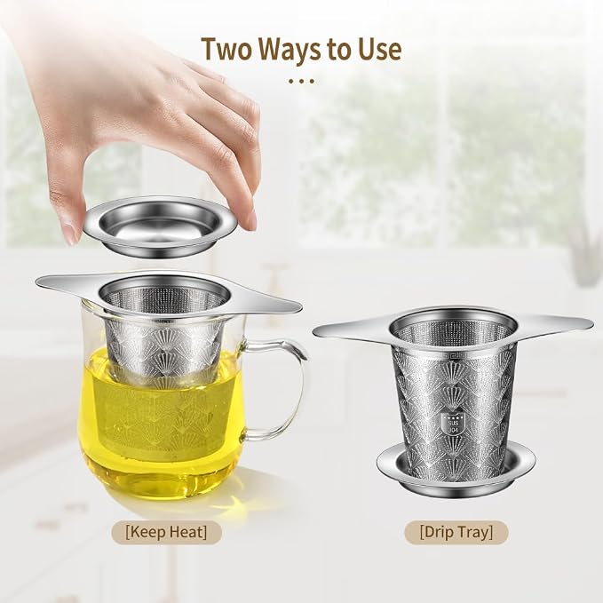 2Pack Extra Fine 18/8 Stainless Steel Tea Infuser BOMANSI BOMS Tea Strainer with Large Capacity & Perfect Size Double Handles for Hanging on Teapots, Mugs, Cups to Steep Loose Leaf Tea and Coffee