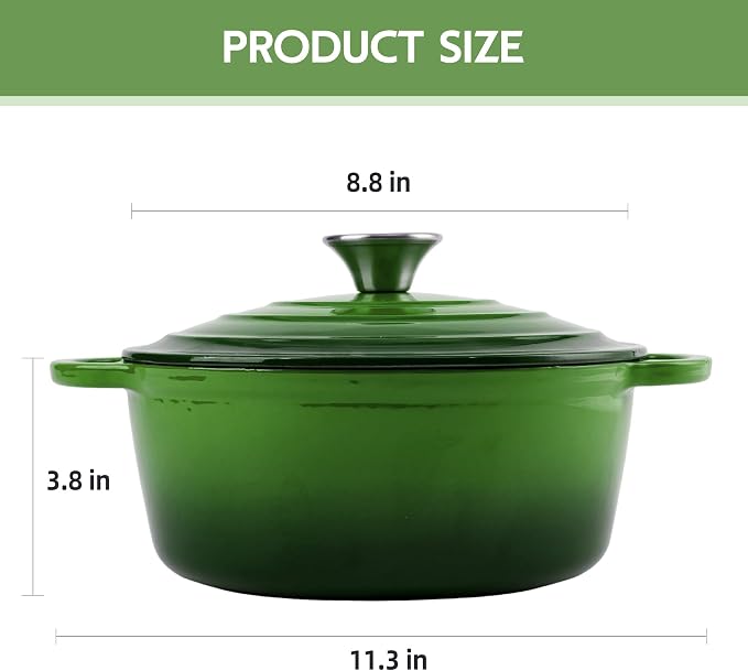 3 Quart Dutch Oven Enameled Cast Iron with Lid - Big Dual Handles - Oven Safe up to 500°F - Classic Round Pot for Versatile Cooking Green