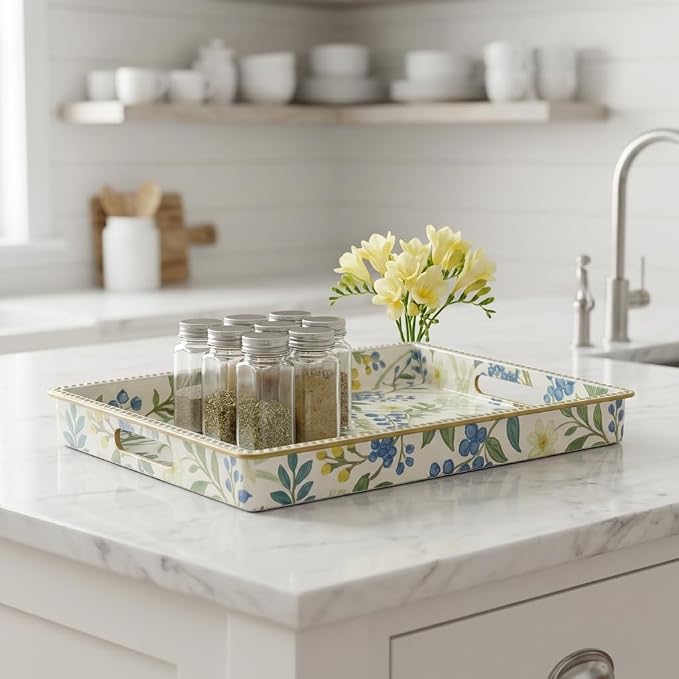 Decorative Serving Tray, Vintage Blue Berry Plastic Tray with Handles & Gold Rim, Multipurpose Storage Tray for Coffee Table, Bathroom, Kitchen & Entryway Home Decor. 15.7" x 11.8" x 1.57"