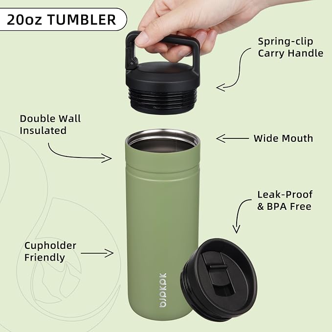 BJPKPK 20 oz Insulated Travel Water Bottle, Coffee Tumbler Stainless Steel | Double Wall Vacuum, Leakproof, Thermal, Keeps Hot/Cold, Dishwasher Safe, Spill Proof, Wide Mouth, 2 Lids, Forest Green