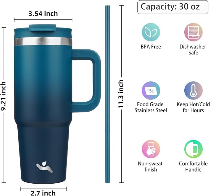 Konokyo 30 oz Insulated Tumbler Water Bottle with Handle, Straw Lid | BPA-free and dishwasher safe; made for gym, travel, coffee and gifting, 2 straws, cup holder friendly,Indigo Black