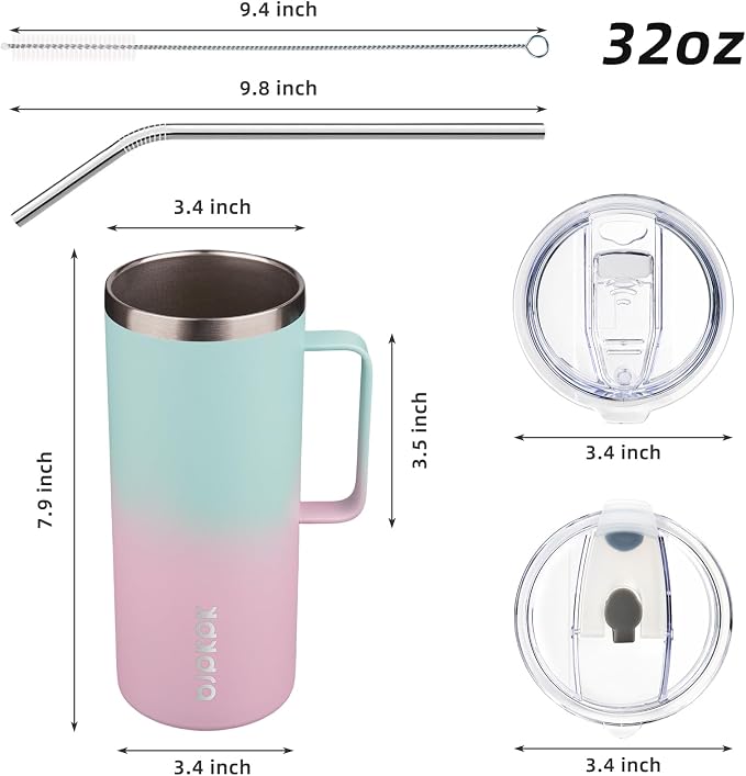 BJPKPK 32oz Insulated Coffee Mug with Handle, Stainless Steel Travel Mug | Keeps Drinks Hot & Cold, Double Wall Vacuum, 2 Lids Included, BPA-Free Coffee Tumbler for Home, Office & Travel