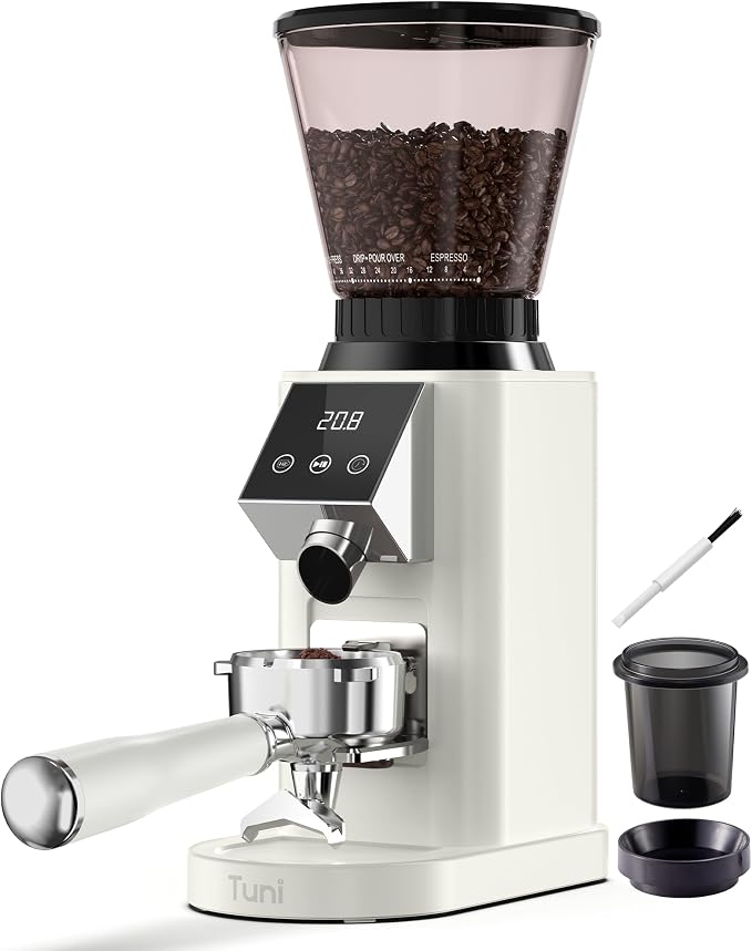 Tuni G1 Conical Burr Coffee Grinder, 48 Grind Settings, Ivory | Stainless Steel Anti-static Burr Mill, Precision Electric Timer and LED Touchscreen for Espresso/Drip/Cold Brew/French Press