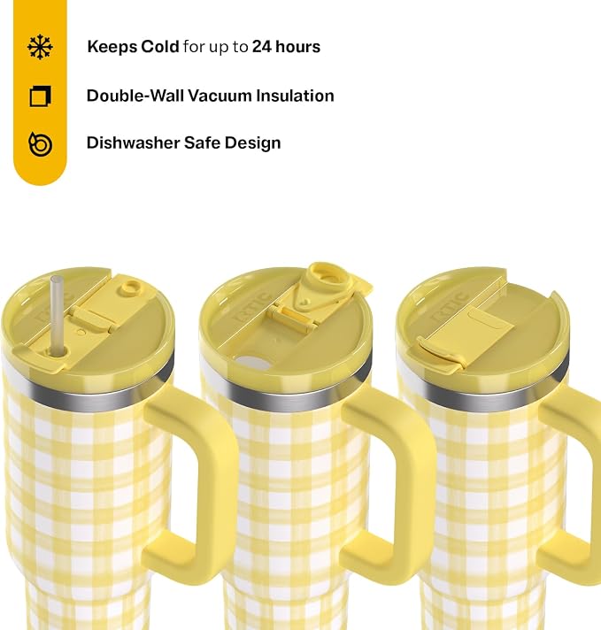 RTIC 40 oz Road Trip Tumbler Double-Walled Cermaic Lined Insulated Stainless Steel Portable Travel Coffee Mug Cup with Lid, Handle and Straw, Sunlight Gingham