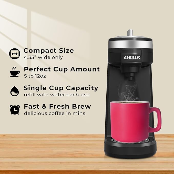 CHULUX Mini Single Serve Coffee Maker for K Pod, Brew Up to 12oz Cup, Black | Fast-Heating Boiler System, Single Cup Brewing, Portable Compact Design, Four-Hole Multi-Stream Needle, Adjustable Drip Tray