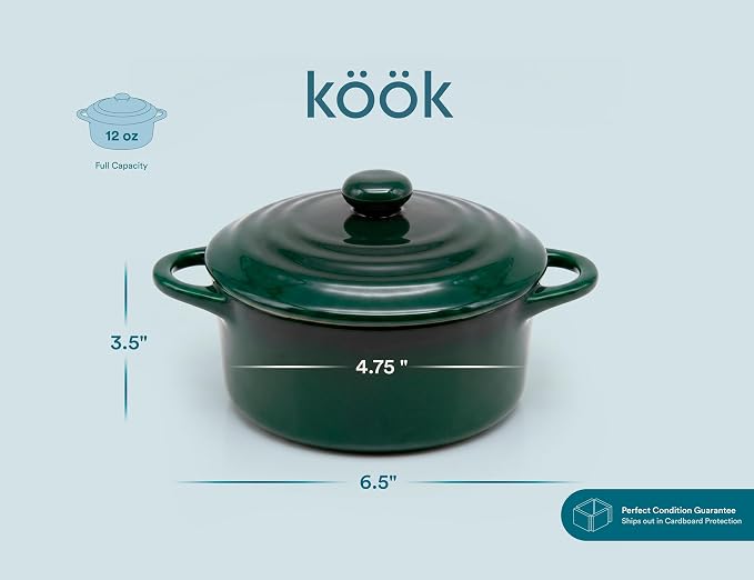 Kook Mini Cocotte, Lids, Handles, Dutch Oven, Set of 4, 12 oz, Forest Green | Individual Baking Ramekins, Microwave Dishwasher Safe Stoneware, Small, Bread, Sourdough, Souffle, Casserole, Oven Safe 500F