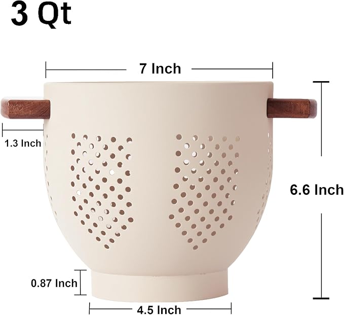 BeFare Metal Colander with Wood Handle and Stable Base, Powder Coated Steel Kitchen Strainer Basket for Draining Pasta, Vegetable and fruit (3quart,Sandyellow)