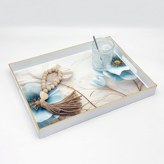 Serving Tray with Handles, 15.7 * 11.8 inches, Plastic Ottoman Tray with Exquisite Paintings, Trays for Coffee Table