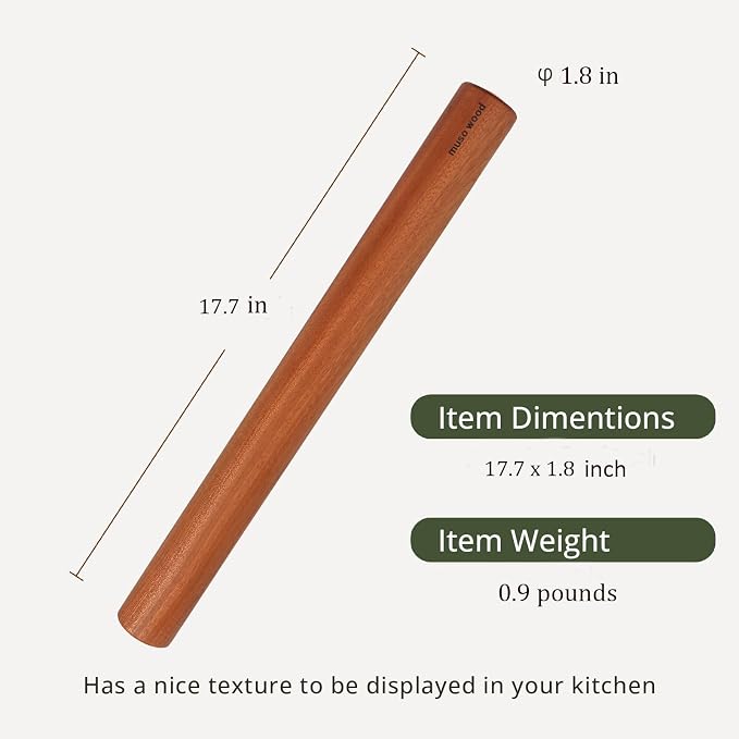 muso wood Sapele Dowel Rolling Pin for Baking | Tapered Design, 17.5 inch, Ideal for Fondant, Pie Crust, Cookies & Pastry Making