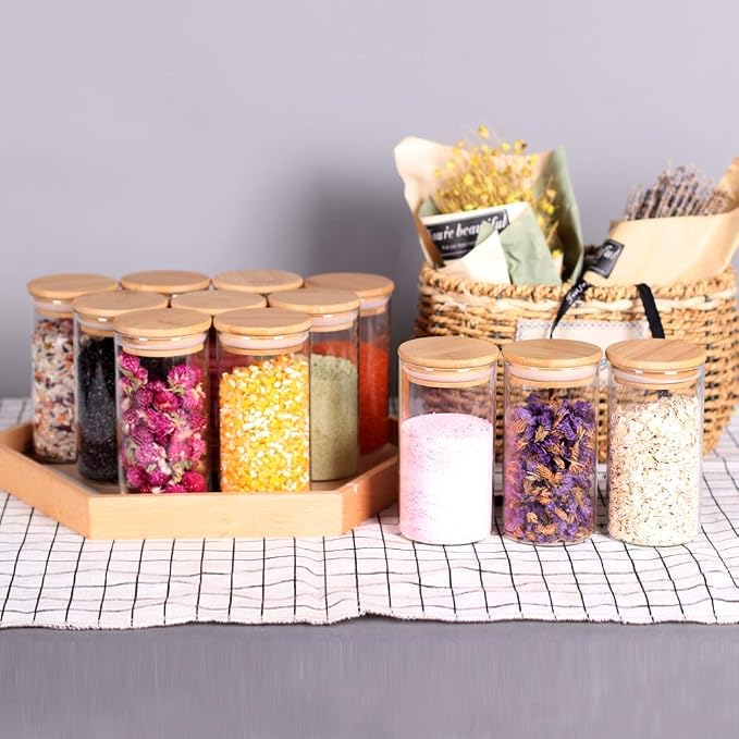 Tzerotone 12 Pcs Glass Spice Jars - 8.5oz Empty Small Glass Bottles with Bamboo Airtight Lids and Labels - Thicken Seasoning Spice Containers for Kitchen Organization and Storage…