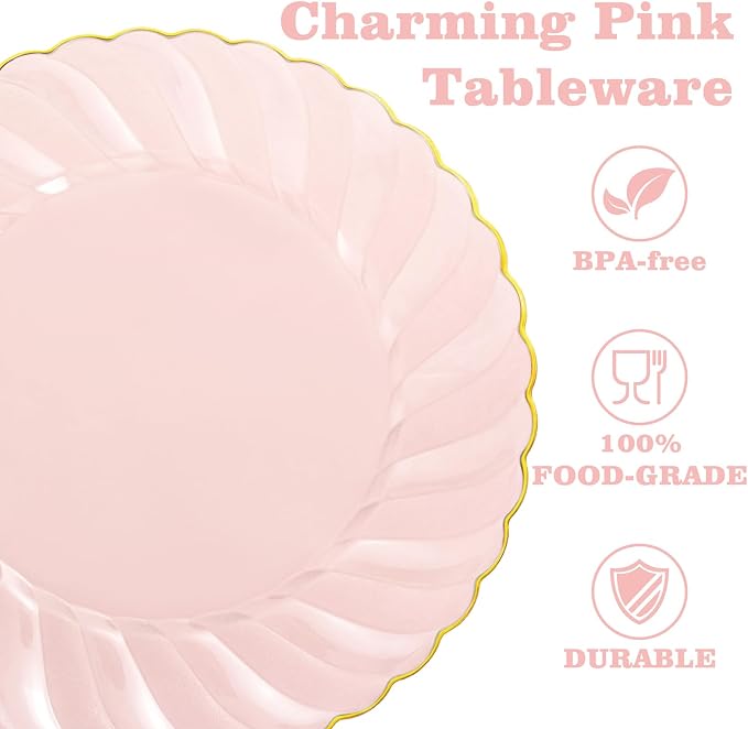 YOUBET 125Pieces Clear Pink Plastic Plates with Gold Rim - Gold Plastic Silverware Include 25 Dinner Plates 25 Dessert Plates 75 Golden Silverwares for Wedding Birthday & Parties Easter Mothers Day | Pink Plastic Dinnerware Set Include 25 Dinner Plates...