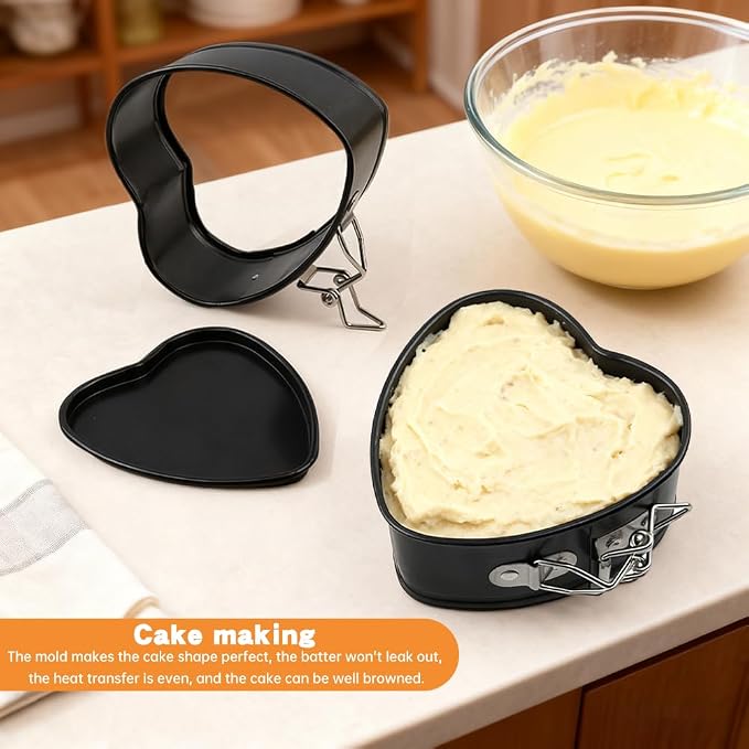 4 Inch Heart Springform Pans, Set of 4 Baking Pan | Mini heart shaped springform pans with removable bottoms and nonstick carbon steel; oven safe to 450F