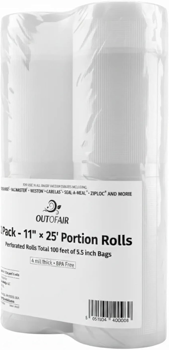 11" x 25' Portion Rolls (Fits Inside Machine) - 2 Pack (100 feet 5.5" rolls total) OutOfAir Vacuum Sealer Rolls. Works with FoodSaver Vacuum Sealers. 33% Thicker, BPA Free, Sous Vide, Commercial Grade