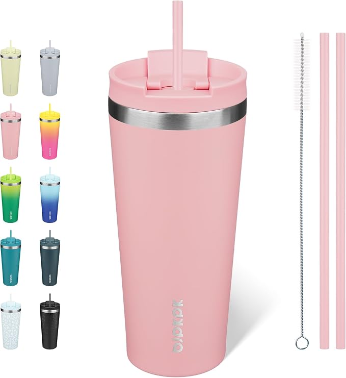 BJPKPK 22 oz Coffee Tumbler with Straw, Insulated Stainless Steel Cup | Double Wall Vacuum, Leak Proof Lid, Keeps Hot/Cold/Iced, BPA Free, Dishwasher Safe, Cupholder Friendly, Travel, Light Pink