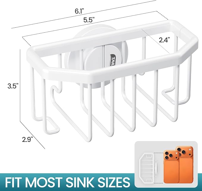 TAILI Sponge Holder for Kitchen Sink with Suction Cup-White, Aluminum | Rustproof Aluminum Sink Caddy for Sponges,Brushes,Stoppers & Scrapers,Removable Ventilated Quick-dry Design, holds Up 11lbs