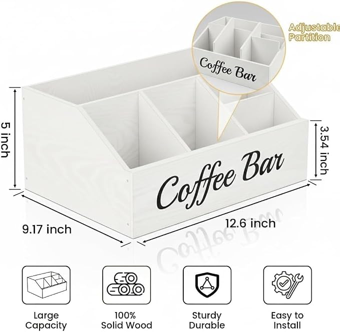2 Pack Coffee Station Organizer for Countertop – Wooden Coffee Bar Organizer with Adjustable Dividers,Holds K Cup Pod & syrup bottles, for Kitchen, Office, or Bar and Tea Station, White