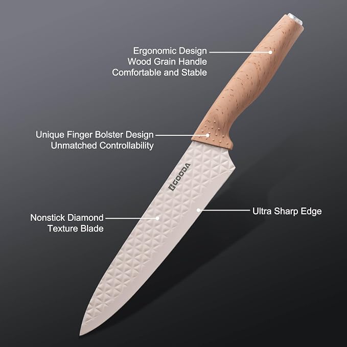 Kitchen Knife Set With Block,6-Piece Professional Chef Cooking Knives Set For Kitchen,Non-Stick Stainless Steel Knife Block Set
