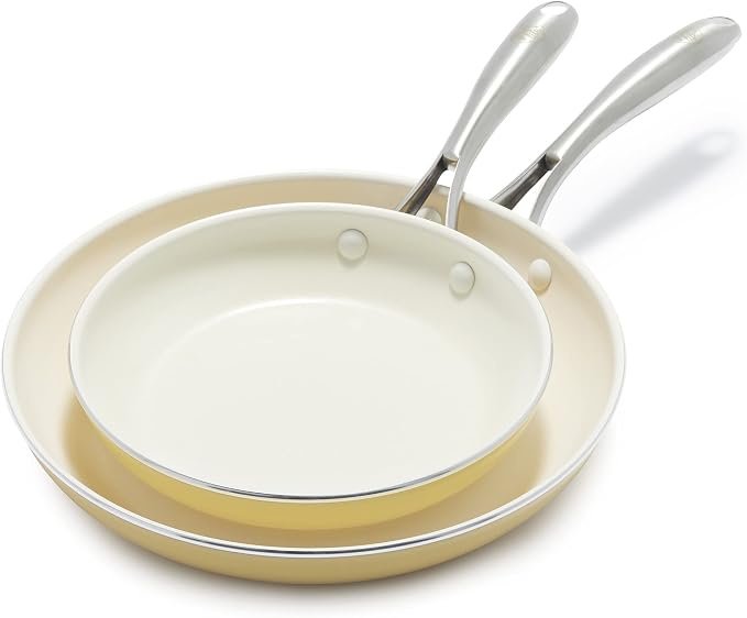 GreenLife Artisan Healthy Ceramic Nonstick, 8" and 10" Frying Pan Skillet Set, Stainless Steel Handle, Induction, PFAS-Free, Dishwasher Safe, Oven Safe, Yellow