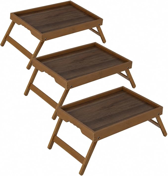 Medium Bamboo Breakfast Trays for Bed, Folding Legs, 3-Pack Walnut | 3 medium walnut bamboo breakfast trays with folding legs, raised edges and side grips for meals, laptops, snacks and serving.