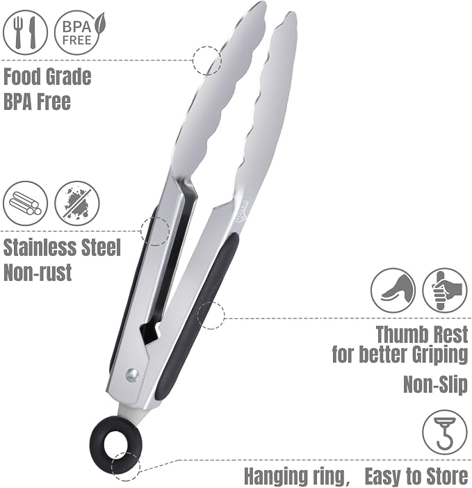 Hotec Mini Stainless Steel Kitchen Tongs for Cooking - 7-Inch Small Serving Tongs Metal Food Tongs Non-Slip Grip