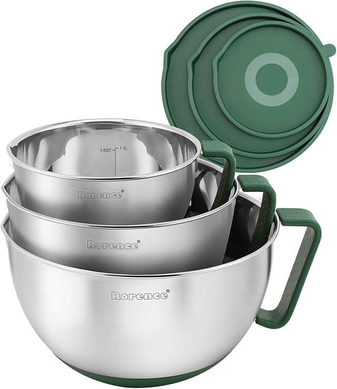 Stainless Steel Mixing Bowls Set with Lids,1.5,3 & 5 Qt,Green | Non-Slip Silicone Base,Precision Pour Spout,Ergonomic Easy-Grip Handle,Measurement Marks,Airtight Lids,Cooking & Meal Prep