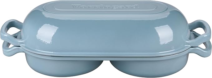 Enameled Cast Iron Double Dutch Oven with Lid, Dual Round Loaf Pan, Bread pan for Homemade Sourdough Bread Baking, Sea salt