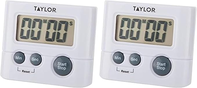 Taylor Digital Timer with 99 Minute 59 Second Display, Easy to Use, White Compact Design for Kitchen Cooking, Baking, and Timing Needs (Pack of 2)