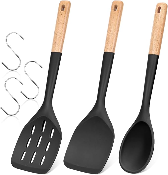 Pack of 3 Silicone Spatula, Non Stick Cooking Utensil Set, Black | Heat Resistant, Non Scratch, Wooden Handle Kitchen Turner for Baking Mixing Grilling Serving Food