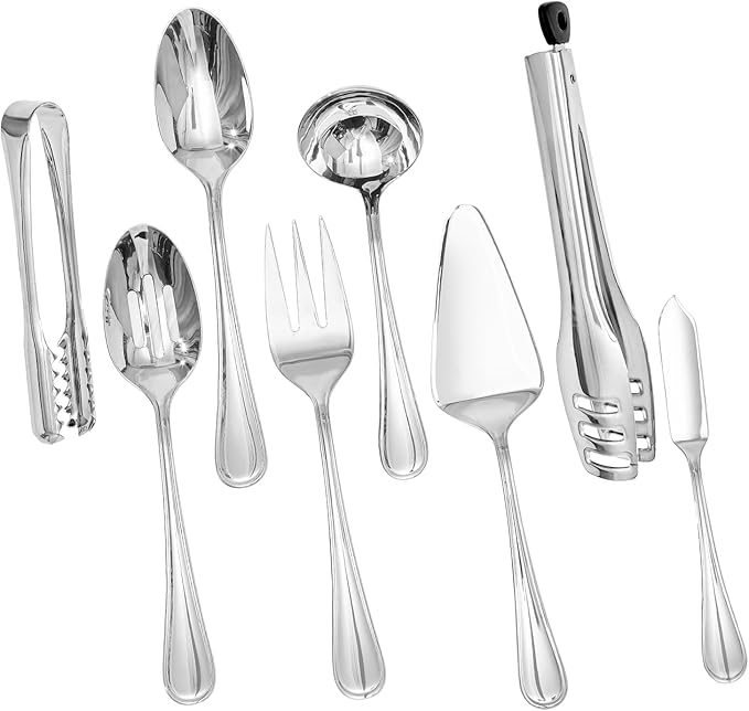 8-Piece Teardrop Serving Utensils Set, 18/10 Stainless Steel Utensils | Serving Utensils, Includes Serving Spoons, Forks & Tongs, Dishwasher Safe, Buffet, Catering, Wedding