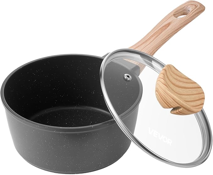 VEVOR 1.5 QT Saucepan, Nonstick Saucepan with Tempered Glass Lid, Multipurpose Cooking Sauce Pot with Detachable Handle, Sauce Pan Small Kitchen Cooking Pot with Coating, Induction Compatible, Black