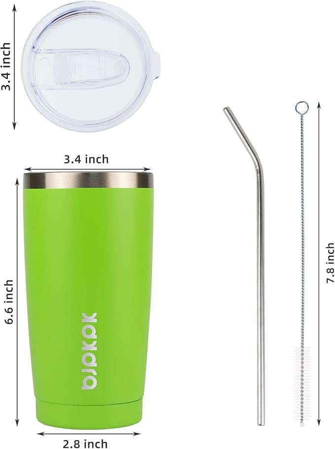 BJPKPK 20oz Coffee Tumbler with Lid & Straw, Insulated Stainless Steel Mug | Double Wall Vacuum, Keeps Hot/Cold, BPA Free, Leak Proof, Iced Coffee Cup Fit Car Holder, Travel & Beach, Green