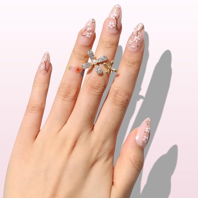 Nail Reformation Press On Nails, Soft Sakura | Floral Medium Almond 30 Pcs | 15 Sizes Fake Nails with Gold Flecks on Sheer Nude Base Salon Quality Reusable Stick On Nails False Nail Kit Gifts for Women