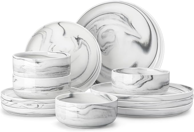 MALACASA 12 Pcs Porcelain Plates and Bowls Sets,Dinnerware Set for 4,Grey | Modern Ceramic Dishware Set,Kitchen Dining Ware,Microwave and Dishwasher Safe,Unique Marble Grey Design,Series LUNA