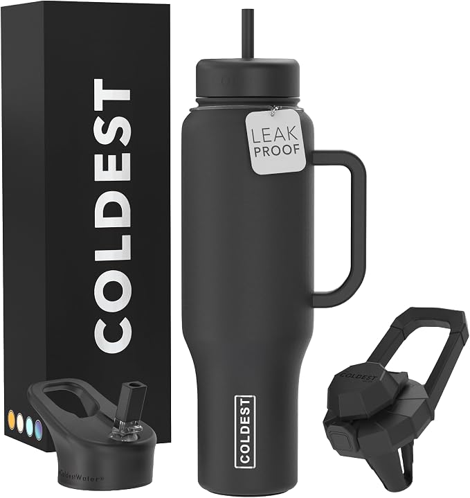 Coldest Tumbler with Handle and Straw - 100% Leak Proof Insulated Tumbler with Lid and Straw (3 Lids) - Stainless Steel Tumblers for Women & Men - Cup Holder Friendly Base, 46 oz (Stealth Black)