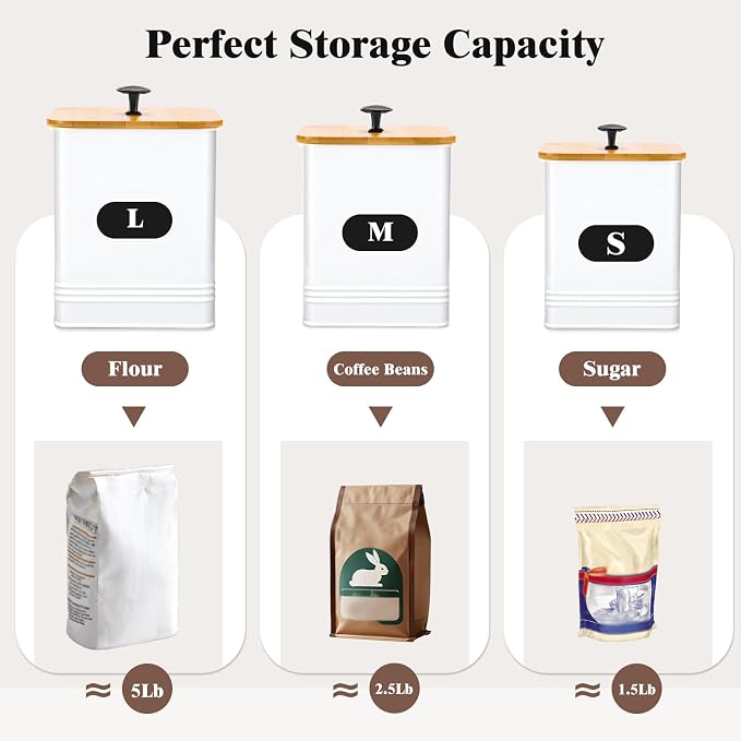 Kitchen Canisters Set of 3, Metal Flour Sugar Storage Containers with Airtight Lids-Canisters Sets for Kitchen with Customizable Chalkboard Labels & Marker Pen-Spice, Coffee Storage Jars(White)