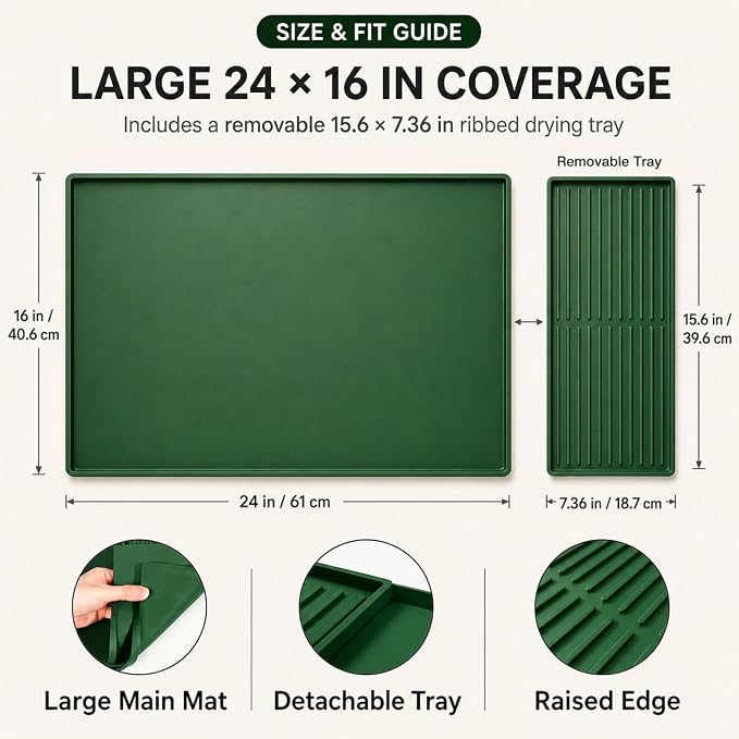 Silicone Coffee Mat 24 x 16 in with Tray, Deep Forest Green | Coffee bar mat for countertop use, coffee station mat or coffee machine mat with removable tray and 0.47 in raised rim.