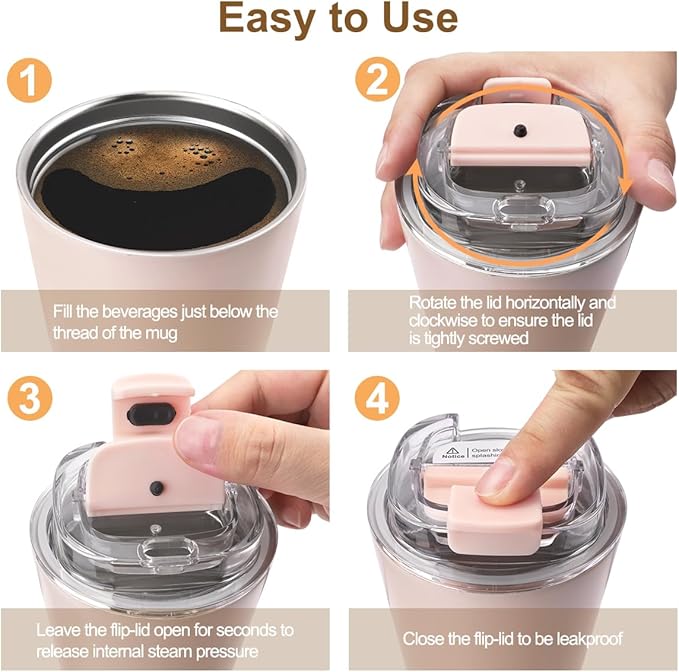 PHILORN Pink Coffee Tumbler - 12 OZ Insulated Coffee Mug With Lid | Leak Proof Thermo Cup for Hot and Iced Drinks, Stainless Steel Vacuum Pink Cup with Double Wall