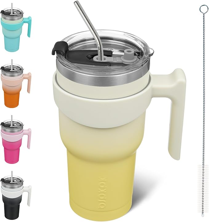 BJPKPK 30 oz Tumbler with Handle & Straw, Insulated Stainless Steel Mug | Double Wall Vacuum, Keeps Hot/Cold, Thermal Cup, BPA Free, Dishwasher Safe, Cupholder Fit, Coffee & Travel, Lemon