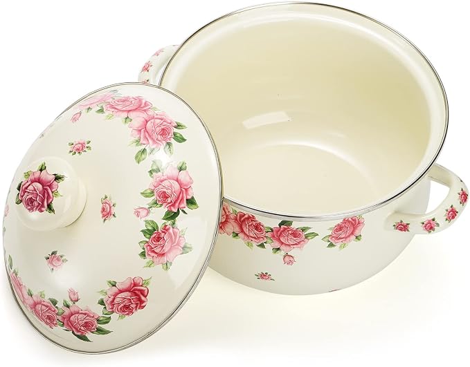 SOUJOY Enamel Stockpot with Lid, 2.8 Quart Retro Cooking Pot, Vintage Floral Stew Bean Simmer Pot with Handle, Kitchen Soup Pot, Safe for Induction Cookers, Gas Stove
