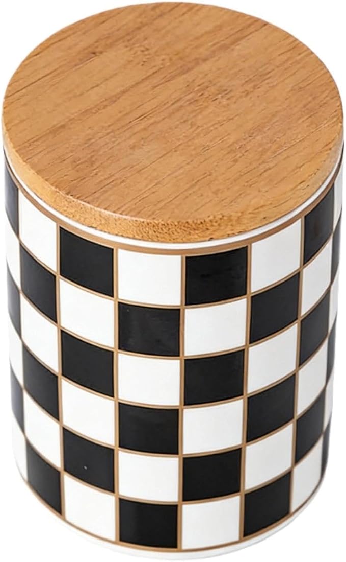 1 Piece Ceramic Coffee Canister, Airtight Coffee Container with Lid for Kitchen Storage (12.8x9cm, Black Checkered)
