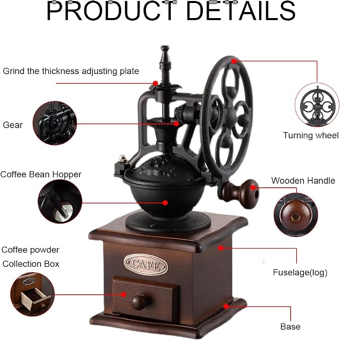 Burr Coffee Grinder, Vintage Style Wooden Hand Grinder | Hand Crank, Classic French Press Coffee Mill, Coffee Bean Grinder, Includes Brush