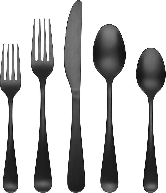 Cambridge Rhiannon Black Satin 45-Piece Silverware Set for 8, Flatware | black, dishwasher safe | includes serving spoons and utensil set | heavy duty, cutlery set for kitchen and dining