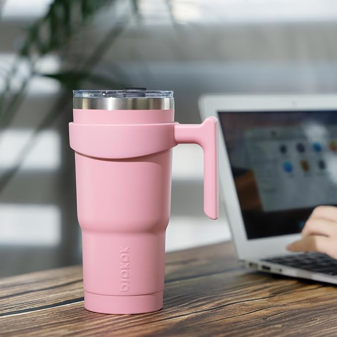 BJPKPK 30 oz Tumbler with Handle & Straw, Insulated Stainless Steel Mug | Double Wall Vacuum, Keeps Hot/Cold, Thermal Cup, BPA Free, Dishwasher Safe, Cupholder Fit, Coffee & Travel, Coral