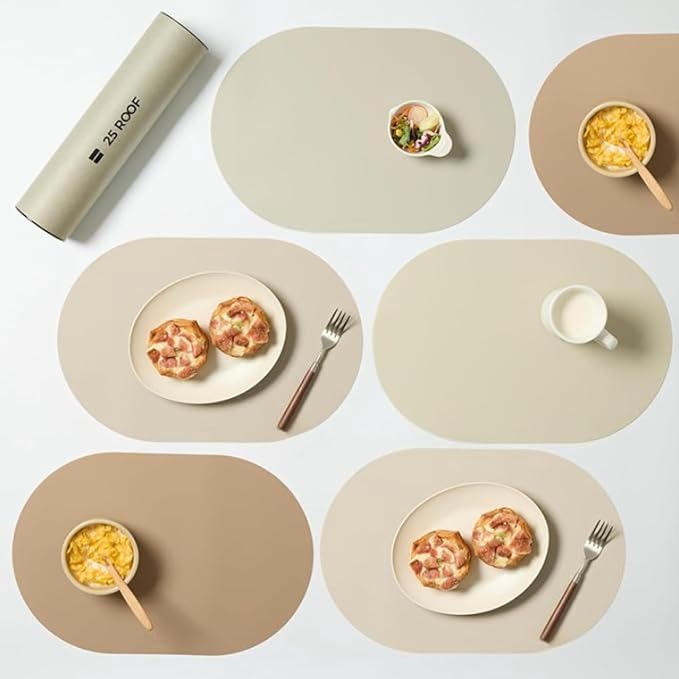 Beige Mixed Oval Silicone Placemats Set of 6 – Heat Resistant, Waterproof, Easy to Clean Non-Slip Modern Dining Table Mats – Premium Leather Textured Japandi Kitchen Decor