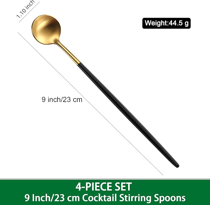 DEHOV 4 PCs 9 Inches Brush Gold Stainless Steel 304 Iced Tea Spoons With Black Handle,Long Handle Coffee Stirring Spoon,SS18/10 Long Latte Spoons Set
