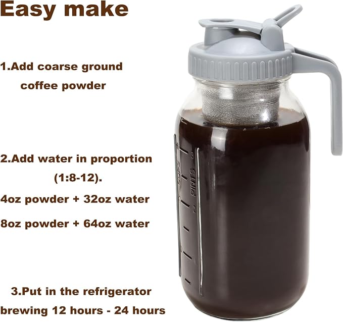 Cold Brew Coffee Filter with Pour Spout Lid for 64 OZ Wide Mouth Mason Jar, 304 Stainless Steel Strainer with Seal Ring for Iced Drinks, Sun Tea Infuser and Cold Brew Coffee Maker