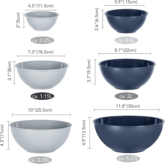 BoxedHome BPA Free Plastic Round Mixing Bowl with Lids, 12 Pack Nesting Bowls with Lids Set, Microwave and Dishwasher Safe Prep & Serving Bowls Great for Mixing, Baking, Serving (Haze Blue, 12pcs)