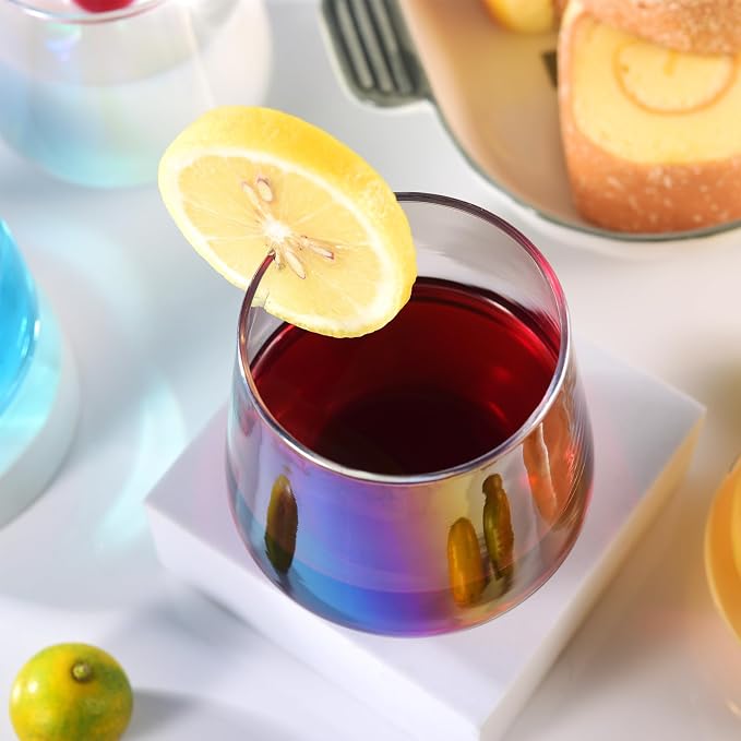 10oz Stemless Champagne Flutes, Iridescent Champagne Glasses, 4 PCS | Clear Crystal Glass Cups, Dishwasher Safe Wine Glasses Set for Champagne Cocktail Juice, Unique Gifts for Wine Enthusiasts