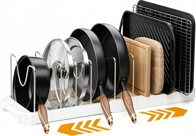 MUDEELA Pots and Pans Organizer under Cabinet, Pan Pot Organizer Inside Cabinet, Expandable 12.9''-21.88'' Pot Lid Organizer Holder with 10 Adjustable Dividers for Cutting Boards, Pan Lid Rack, White
