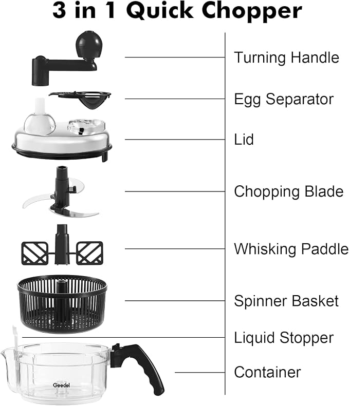 Geedel Large Food Chopper Vegetable Chopper, Manual Food Processor, 3 Cups | 3-in-1: Chop, Blend & Whisk, No BPA, Effortless Handle, Sharp Blade for Vegetable, Fruit, Meat, Nut, Ice, Salad, Salsa, etc